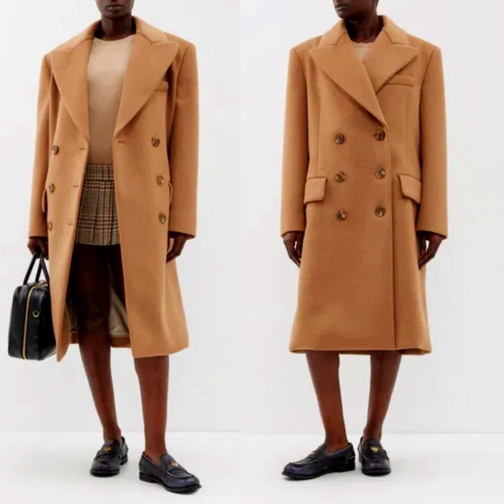 NWT Miu Miu Camel Hair Trench Overcoat In Brown Sz 36 Wide Notch Lapel Collars